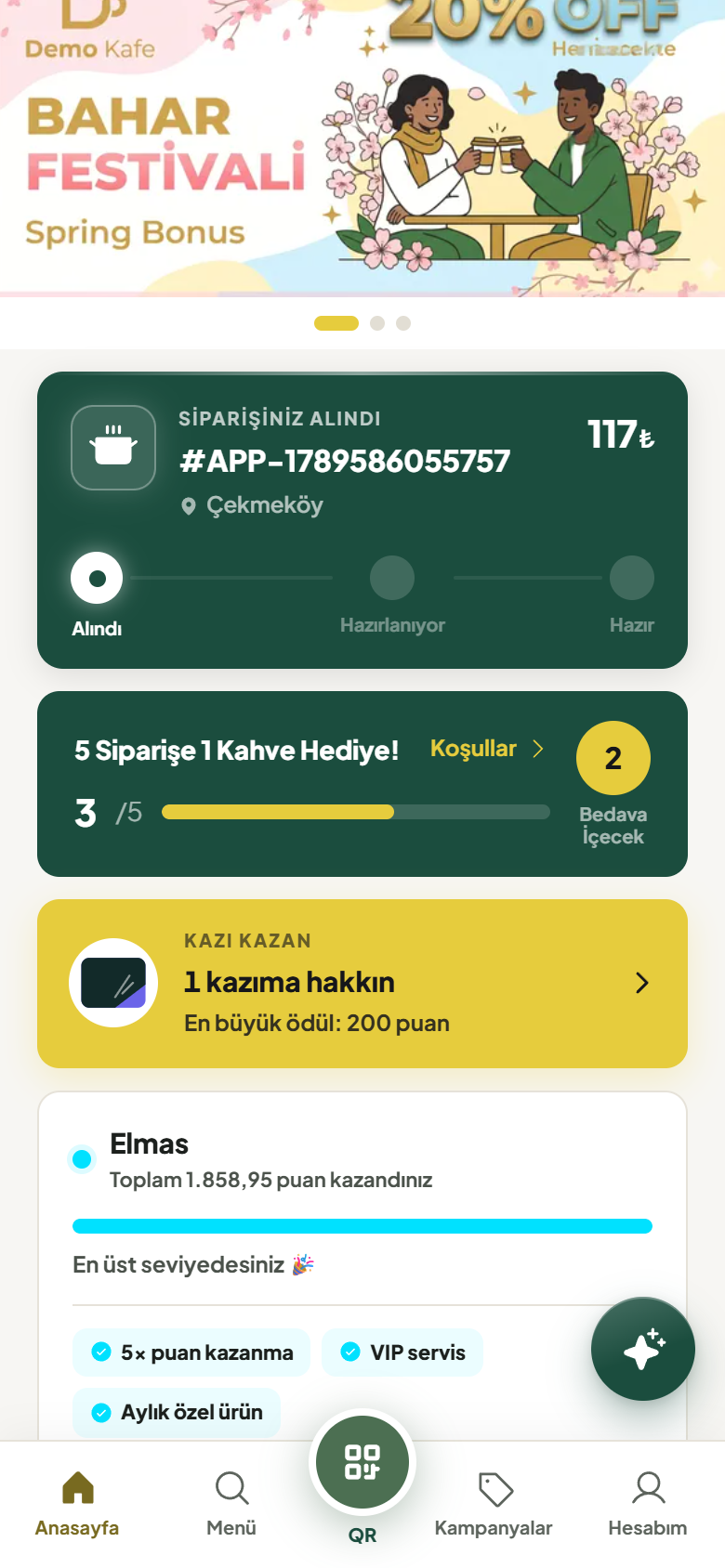 Damga kartı ve ilerleme — Gerçek ürün ekranı • Demo verisi