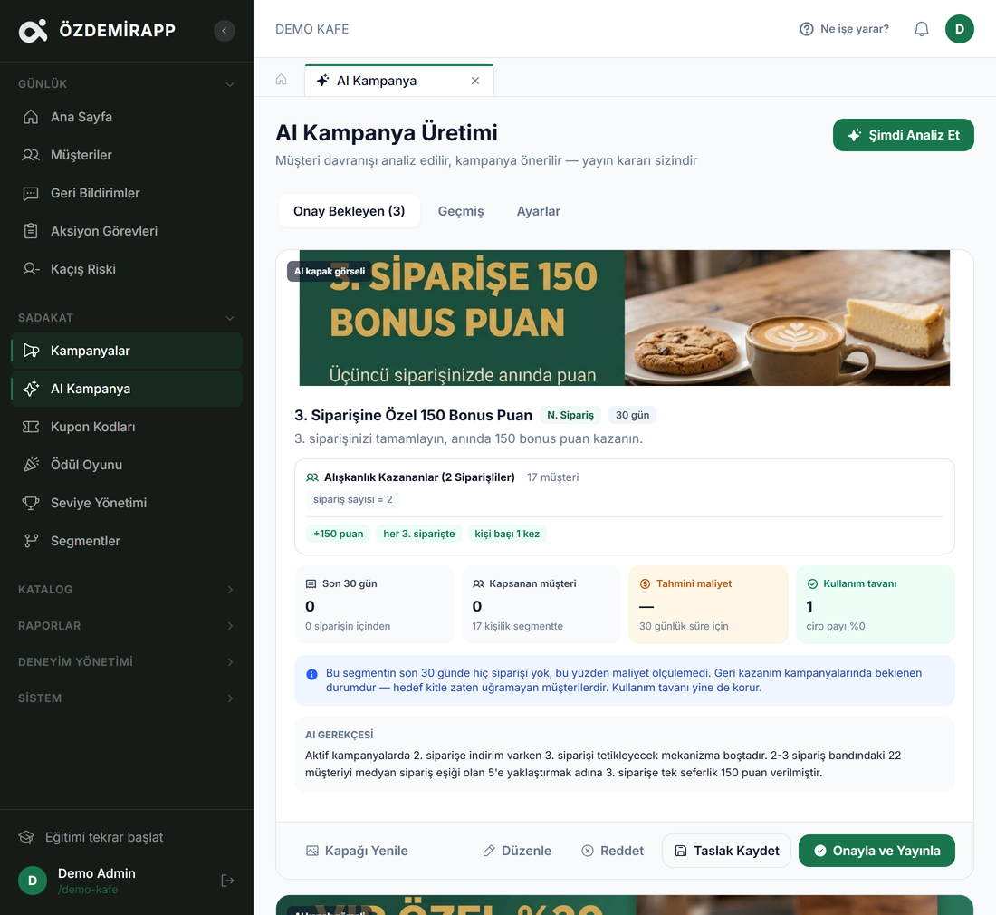 AI kampanya onay ekranı — Gerçek ürün ekranı • Demo verisi
