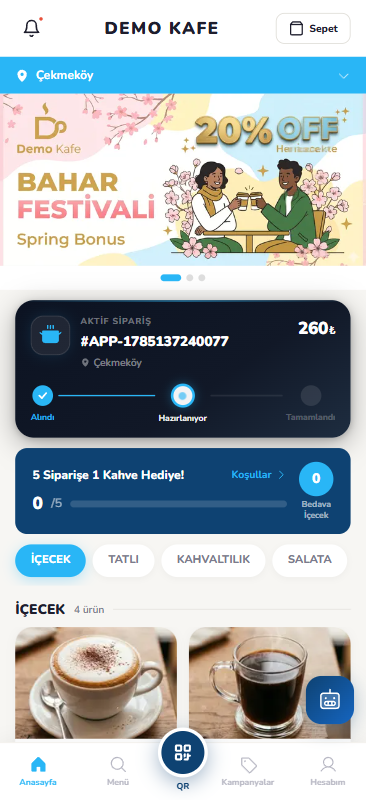 Turkuaz temalı müşteri uygulaması — Gerçek ürün ekranı • Demo verisi